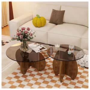 Ensemble Table Basse 2 Pièces En Verre Support En Bois Massif