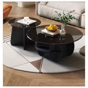 Tables Basses Rondes 2 Pièces En Verre Avec Pied En Bois