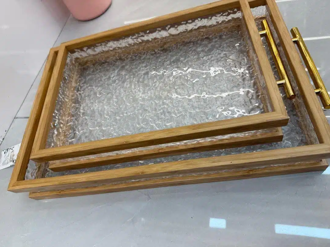 Ensemble Plateau acrylique rebord en bois 2 pcsV Ensemble Plateau acrylique rebord en bois 2 pcs