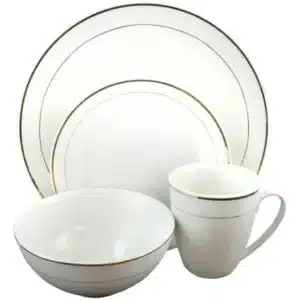 Ensemble assiette 16pcs blanc avec fil doré en porcelaine