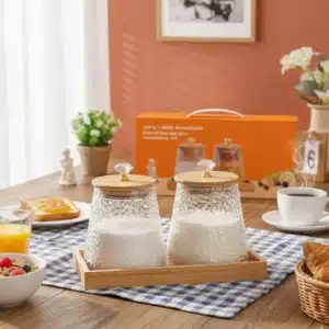 Pot en verre avec support en bois a multiple usage