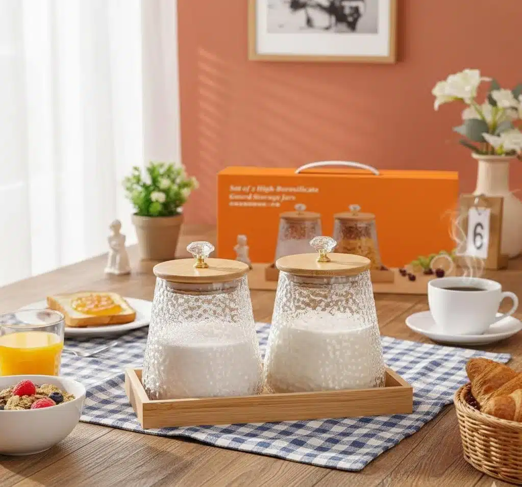 Pot en verre avec support en bois a multiple usage