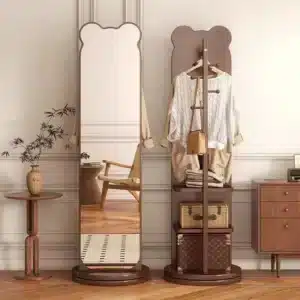 Miroir de dressing 2 en 1 intégré au sol en verre et bois rotatif